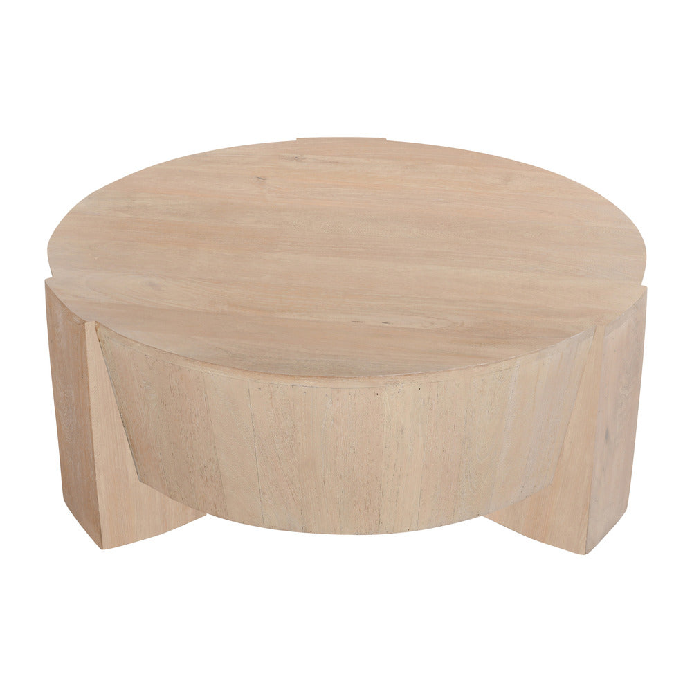 Joana Coffee Table, 35 Inch Round Drum Shape with 3 Legs, Sandblasted Natural Brown Mango Wood - UPT-326653