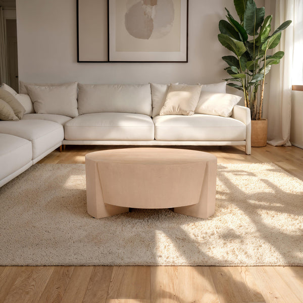 Joana Coffee Table, 35 Inch Round Drum Shape with 3 Legs, Sandblasted Natural Brown Mango Wood - UPT-326653