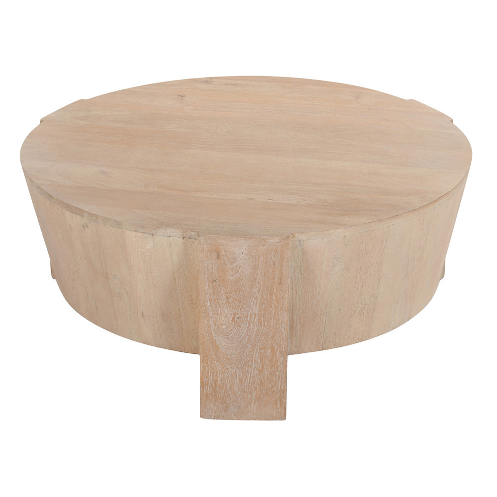 Joana Coffee Table, 35 Inch Round Drum Shape with 3 Legs, Sandblasted Natural Brown Mango Wood - UPT-326653