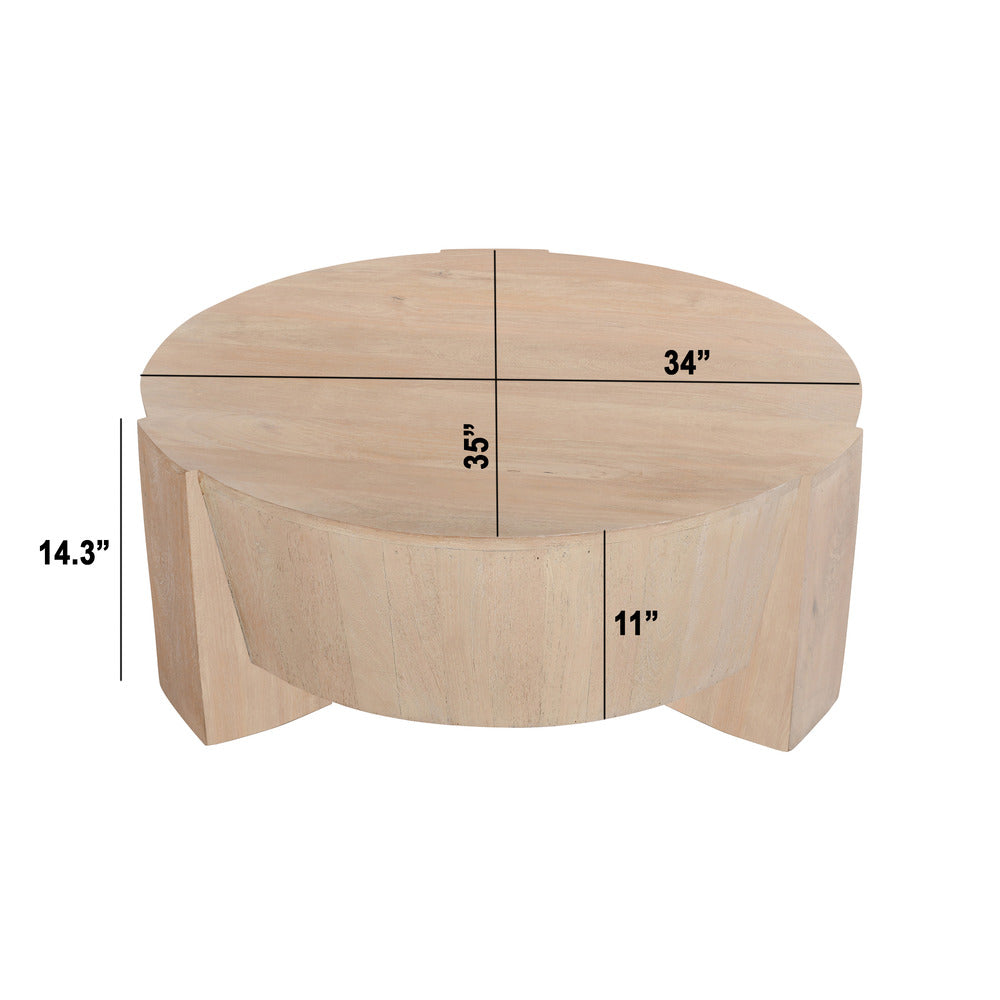 Joana Coffee Table, 35 Inch Round Drum Shape with 3 Legs, Sandblasted Natural Brown Mango Wood - UPT-326653
