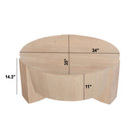 Joana Coffee Table, 35 Inch Round Drum Shape with 3 Legs, Sandblasted Natural Brown Mango Wood - UPT-326653
