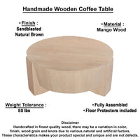 Joana Coffee Table, 35 Inch Round Drum Shape with 3 Legs, Sandblasted Natural Brown Mango Wood - UPT-326653