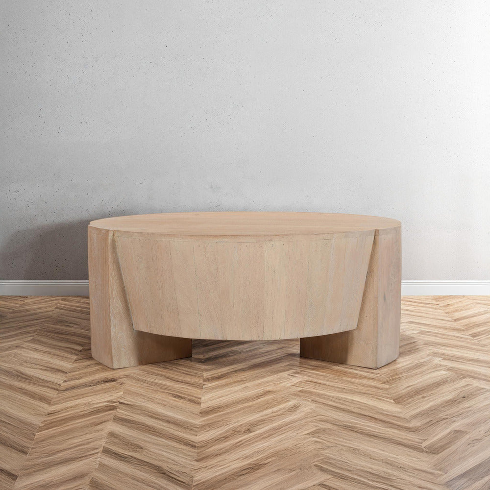 Joana Coffee Table, 35 Inch Round Drum Shape with 3 Legs, Sandblasted Natural Brown Mango Wood - UPT-326653