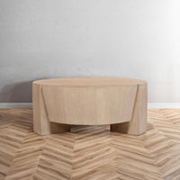 Joana Coffee Table, 35 Inch Round Drum Shape with 3 Legs, Sandblasted Natural Brown Mango Wood - UPT-326653