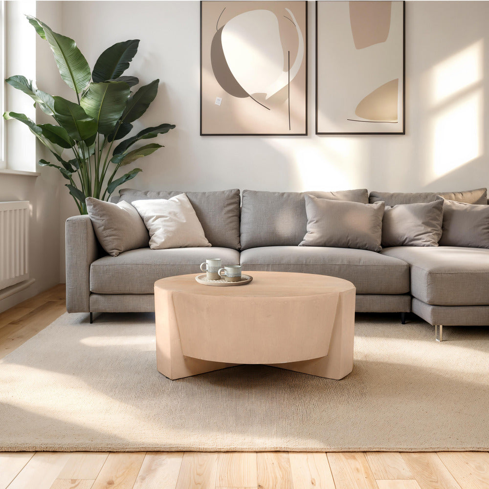 Joana Coffee Table, 35 Inch Round Drum Shape with 3 Legs, Sandblasted Natural Brown Mango Wood - UPT-326653