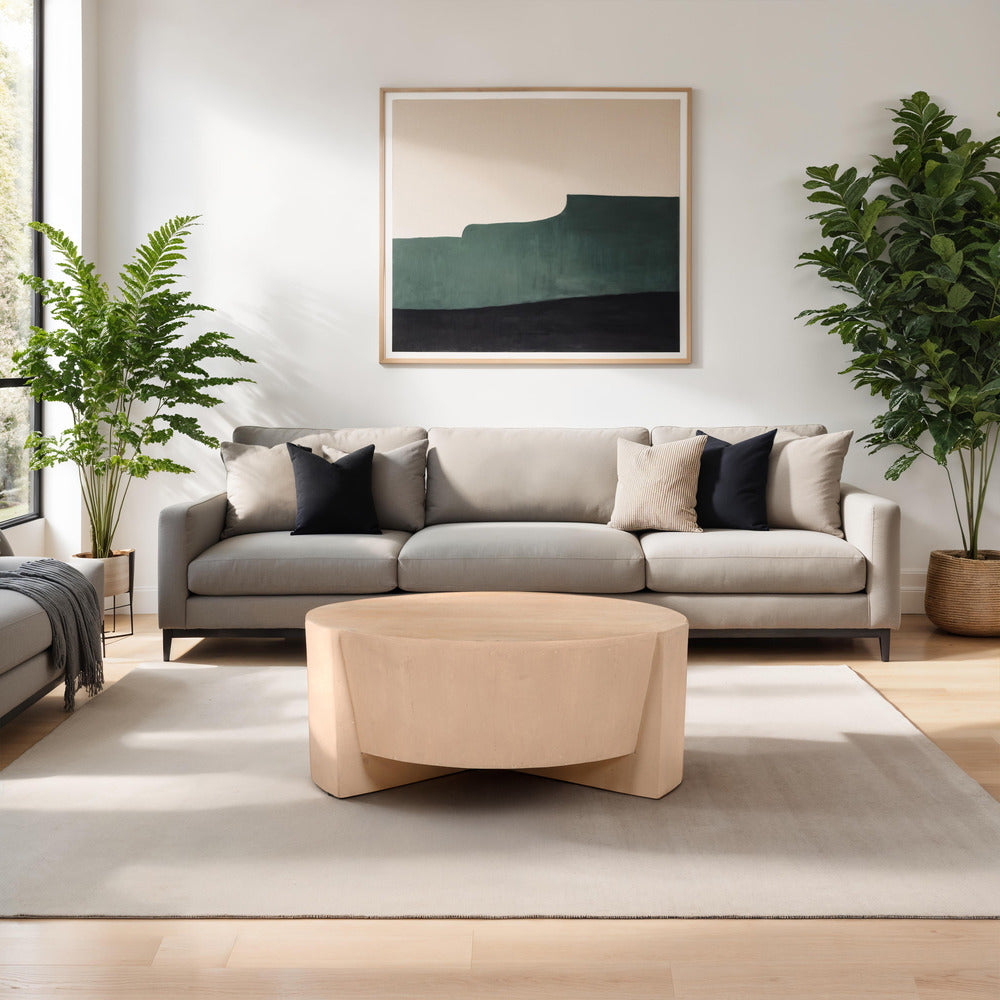 Joana Coffee Table, 35 Inch Round Drum Shape with 3 Legs, Sandblasted Natural Brown Mango Wood - UPT-326653