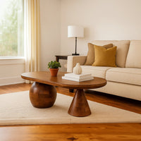 Leeds Coffee Table | 38" Handmade Walnut Brown Mango Wood Oval Top | Round Ball and Cone Base - UPT-326715