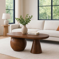 Leeds Coffee Table | 38" Handmade Walnut Brown Mango Wood Oval Top | Round Ball and Cone Base - UPT-326715