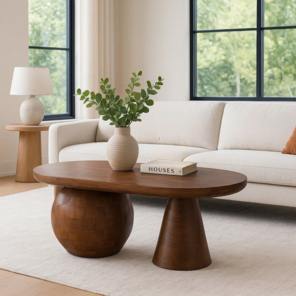 Leeds Coffee Table | 38" Handmade Walnut Brown Mango Wood Oval Top | Round Ball and Cone Base - UPT-326715
