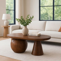 Leeds Coffee Table | 38" Handmade Walnut Brown Mango Wood Oval Top | Round Ball and Cone Base - UPT-326715