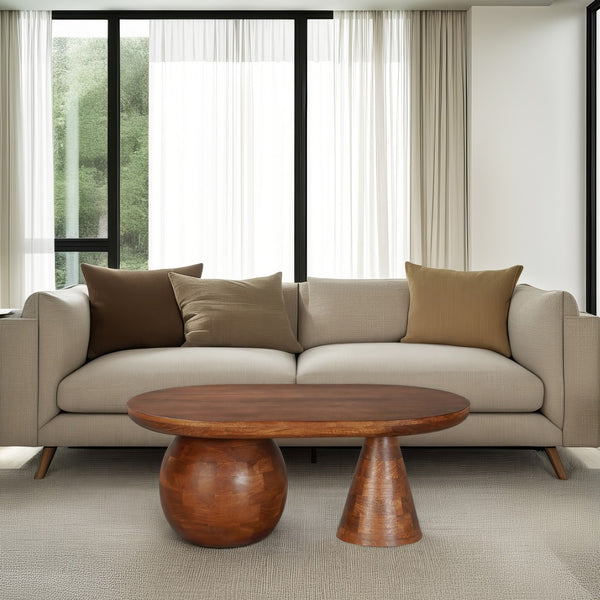 Leeds Coffee Table | 38" Handmade Walnut Brown Mango Wood Oval Top | Round Ball and Cone Base - UPT-326715