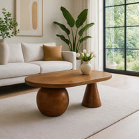 Leeds Coffee Table | 38" Handmade Walnut Brown Mango Wood Oval Top | Round Ball and Cone Base - UPT-326715