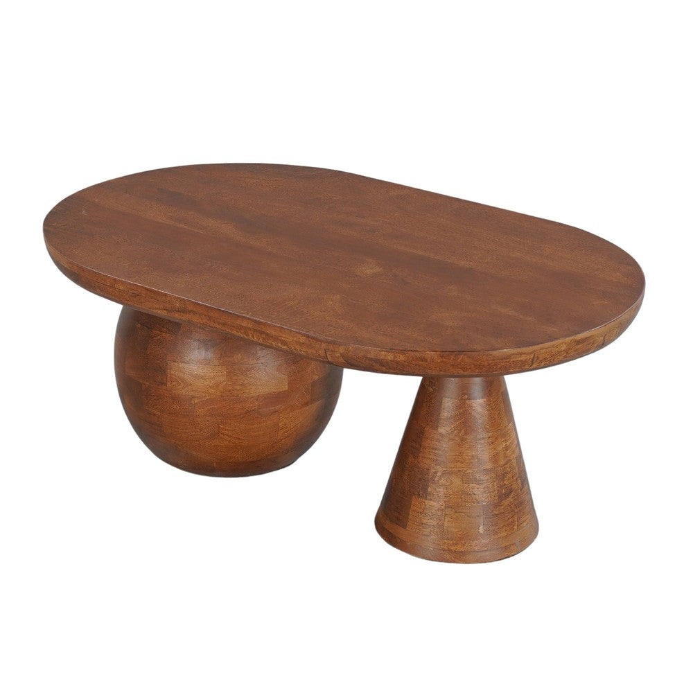 Leeds Coffee Table | 38" Handmade Walnut Brown Mango Wood Oval Top | Round Ball and Cone Base - UPT-326715