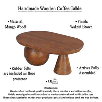 Leeds Coffee Table | 38" Handmade Walnut Brown Mango Wood Oval Top | Round Ball and Cone Base - UPT-326715