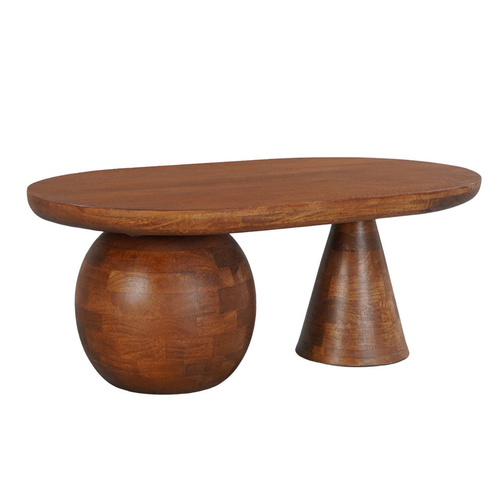 Leeds Coffee Table | 38" Handmade Walnut Brown Mango Wood Oval Top | Round Ball and Cone Base - UPT-326715