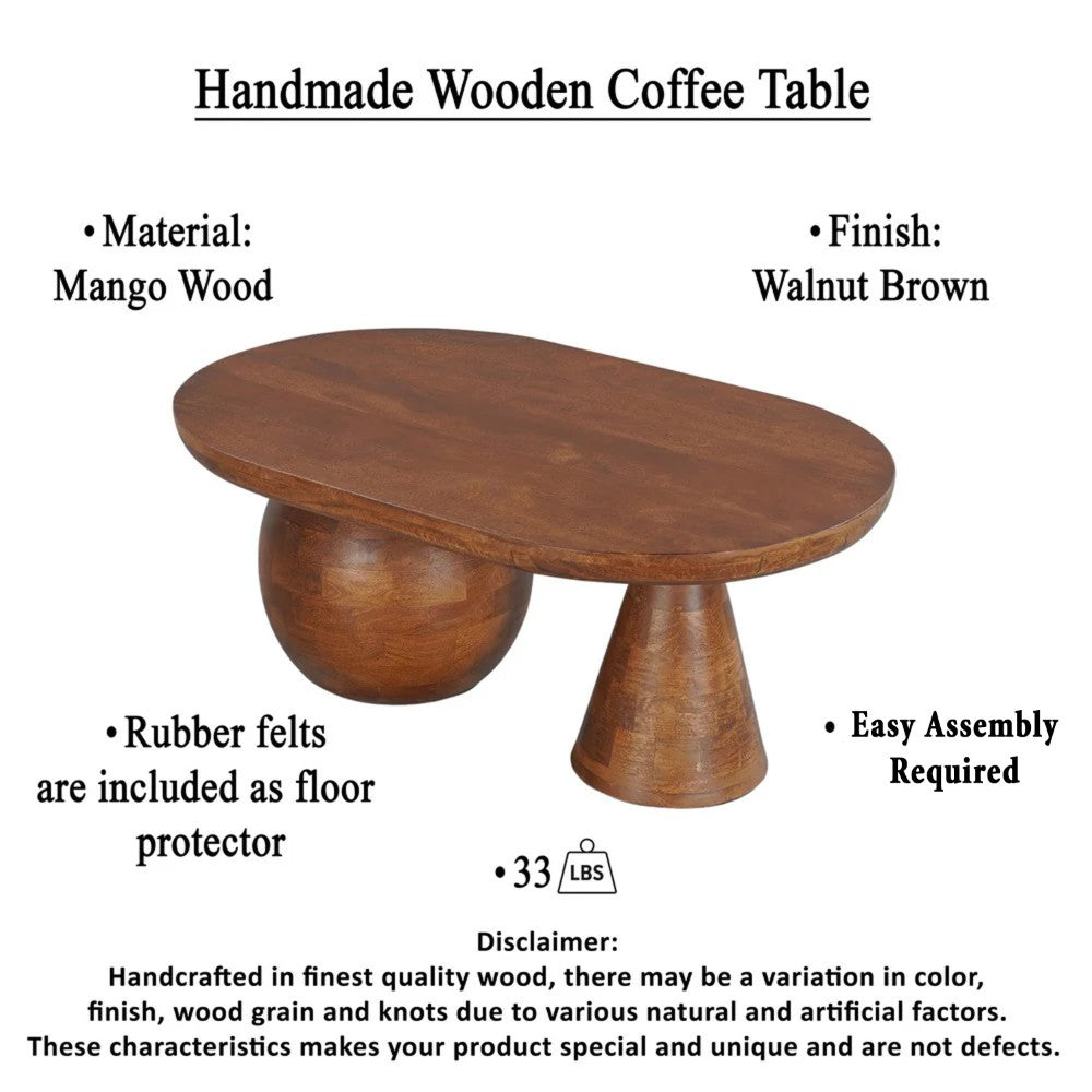 Leeds Coffee Table | 38" Handmade Walnut Brown Mango Wood Oval Top | Round Ball and Cone Base - UPT-326715