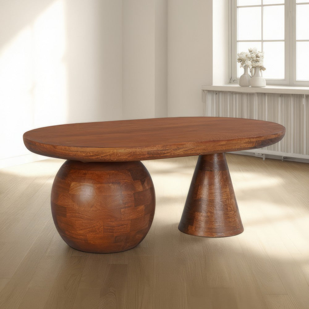 Leeds Coffee Table | 38" Handmade Walnut Brown Mango Wood Oval Top | Round Ball and Cone Base - UPT-326715