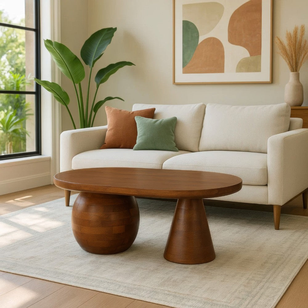 Leeds Coffee Table | 38" Handmade Walnut Brown Mango Wood Oval Top | Round Ball and Cone Base - UPT-326715
