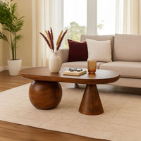 Leeds Coffee Table | 38" Handmade Walnut Brown Mango Wood Oval Top | Round Ball and Cone Base - UPT-326715