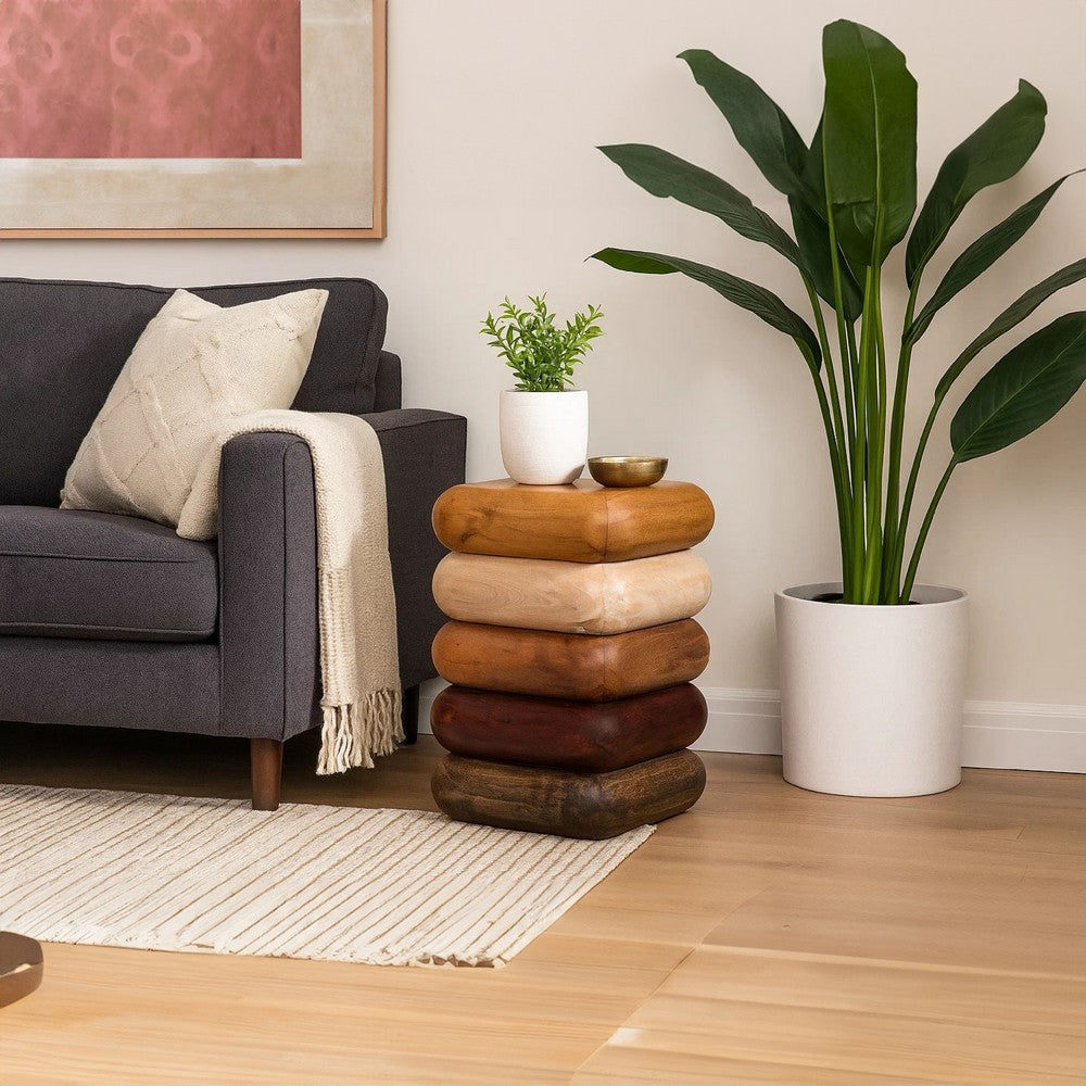 Zyra 18 Inch Side End Table, Sculptural Stacked Design, Mango and Acacia Wood Artisanship, Brown  - UPT-326716