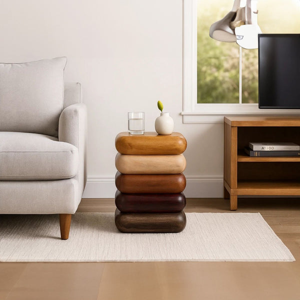 Zyra 18 Inch Side End Table, Sculptural Stacked Design, Mango and Acacia Wood Artisanship, Brown  - UPT-326716