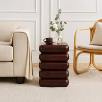 Zyra 18" Side End Table | Sculptural Stacked Design |  Dark Cherry Brown Acacia Wood - UPT-326717