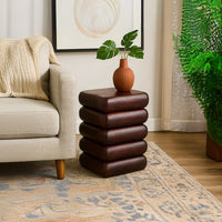 Zyra 18" Side End Table | Sculptural Stacked Design |  Dark Cherry Brown Acacia Wood - UPT-326717