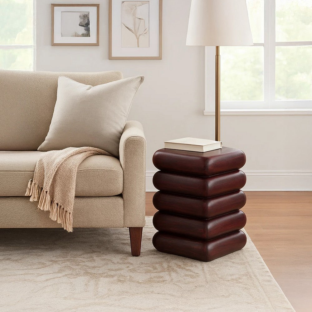 Zyra 18" Side End Table | Sculptural Stacked Design |  Dark Cherry Brown Acacia Wood - UPT-326717