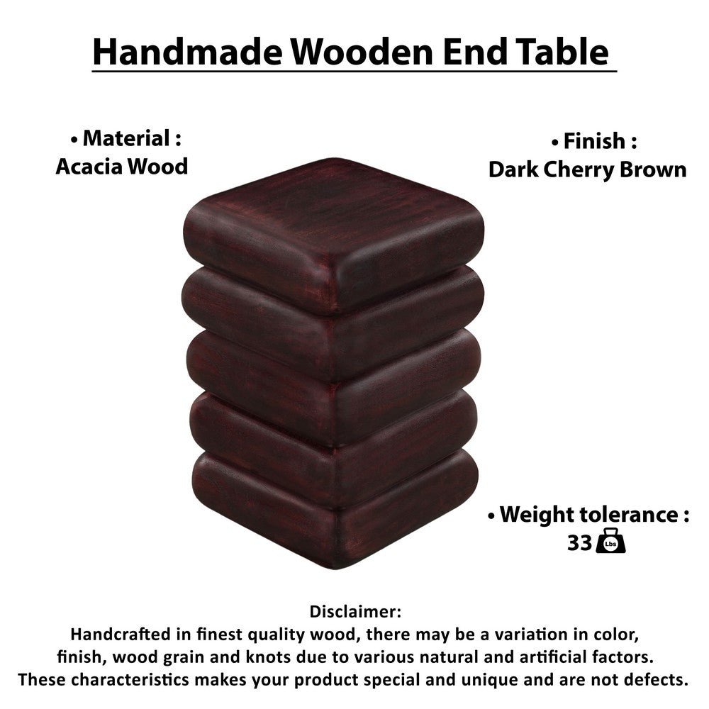 Zyra 18" Side End Table | Sculptural Stacked Design |  Dark Cherry Brown Acacia Wood - UPT-326717
