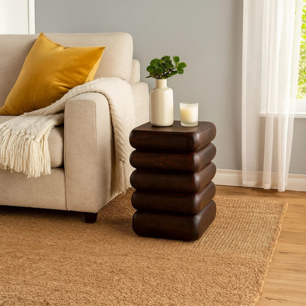 Zyra 18" Side End Table | Sculptural Stacked Design |  Dark Cherry Brown Acacia Wood - UPT-326717