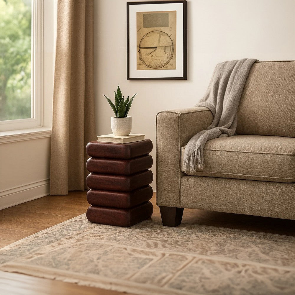 Zyra 18" Side End Table | Sculptural Stacked Design |  Dark Cherry Brown Acacia Wood - UPT-326717