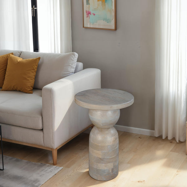Tia 12 Inch Round Side End Table, Turned Pedestal Base, Beige Mango Wood in Natural Brown Finish - UPT-326718