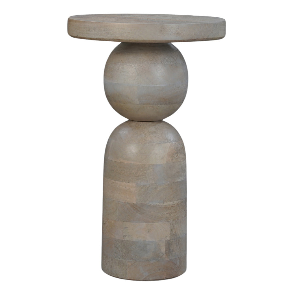 Tia 12 Inch Round Side End Table, Turned Pedestal Base, Beige Mango Wood in Natural Brown Finish - UPT-326718