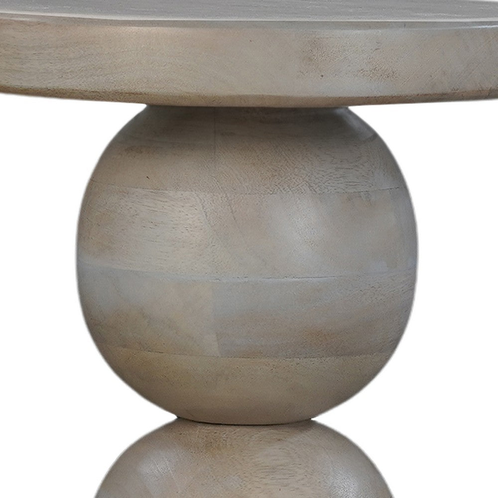 Tia 12 Inch Round Side End Table, Turned Pedestal Base, Beige Mango Wood in Natural Brown Finish - UPT-326718