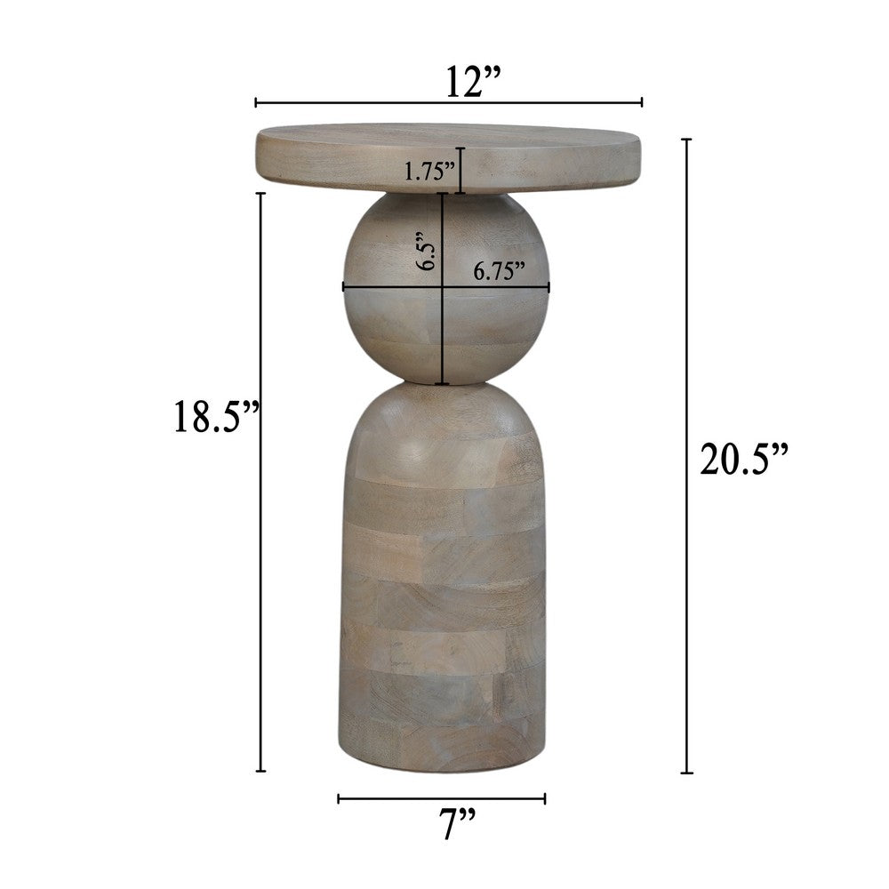 Tia 12 Inch Round Side End Table, Turned Pedestal Base, Beige Mango Wood in Natural Brown Finish - UPT-326718