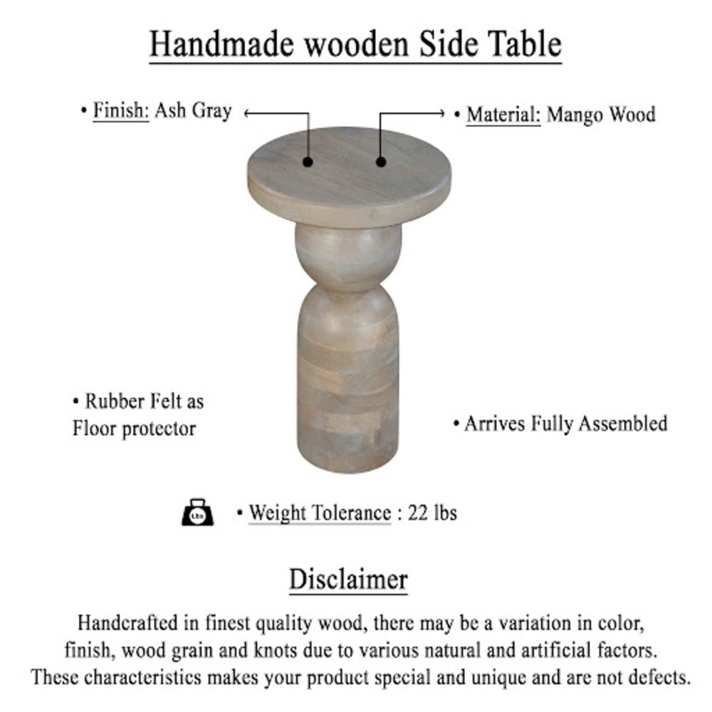 Tia 12 Inch Round Side End Table, Turned Pedestal Base, Beige Mango Wood in Natural Brown Finish - UPT-326718