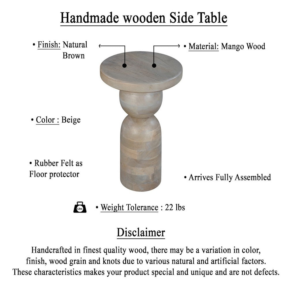 Tia 12 Inch Round Side End Table, Turned Pedestal Base, Beige Mango Wood in Natural Brown Finish - UPT-326718