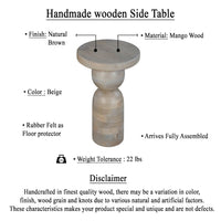 Tia 12 Inch Round Side End Table, Turned Pedestal Base, Beige Mango Wood in Natural Brown Finish - UPT-326718