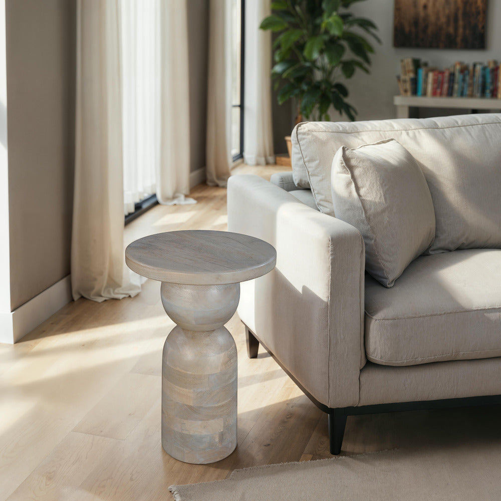 Tia 12 Inch Round Side End Table, Turned Pedestal Base, Beige Mango Wood in Natural Brown Finish - UPT-326718