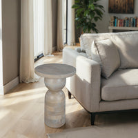 Tia 12 Inch Round Side End Table, Turned Pedestal Base, Beige Mango Wood in Natural Brown Finish - UPT-326718