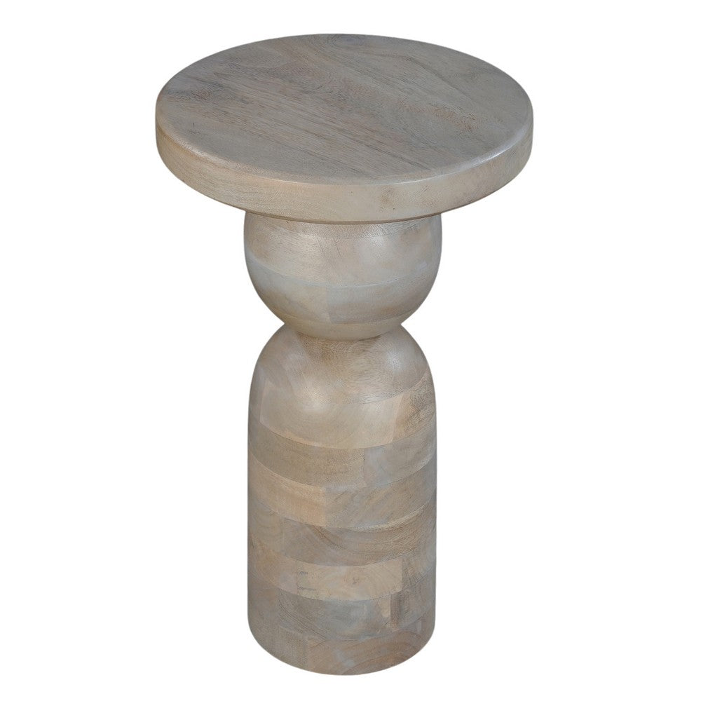 Tia 12 Inch Round Side End Table, Turned Pedestal Base, Beige Mango Wood in Natural Brown Finish - UPT-326718