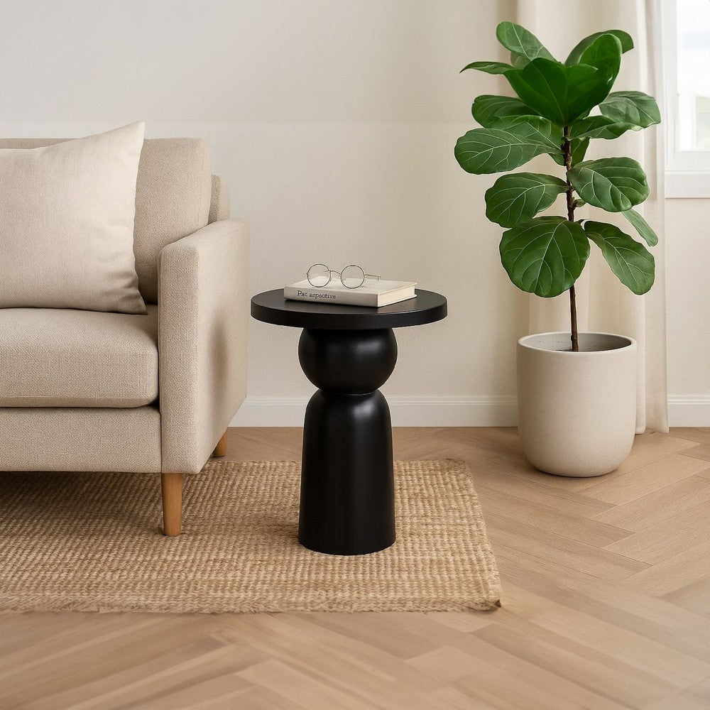 Tia 12 Inch Round Side End Table with Turned Pedestal Base, Mango Wood in Matte Black Finish By The Urban Port - UPT-326719