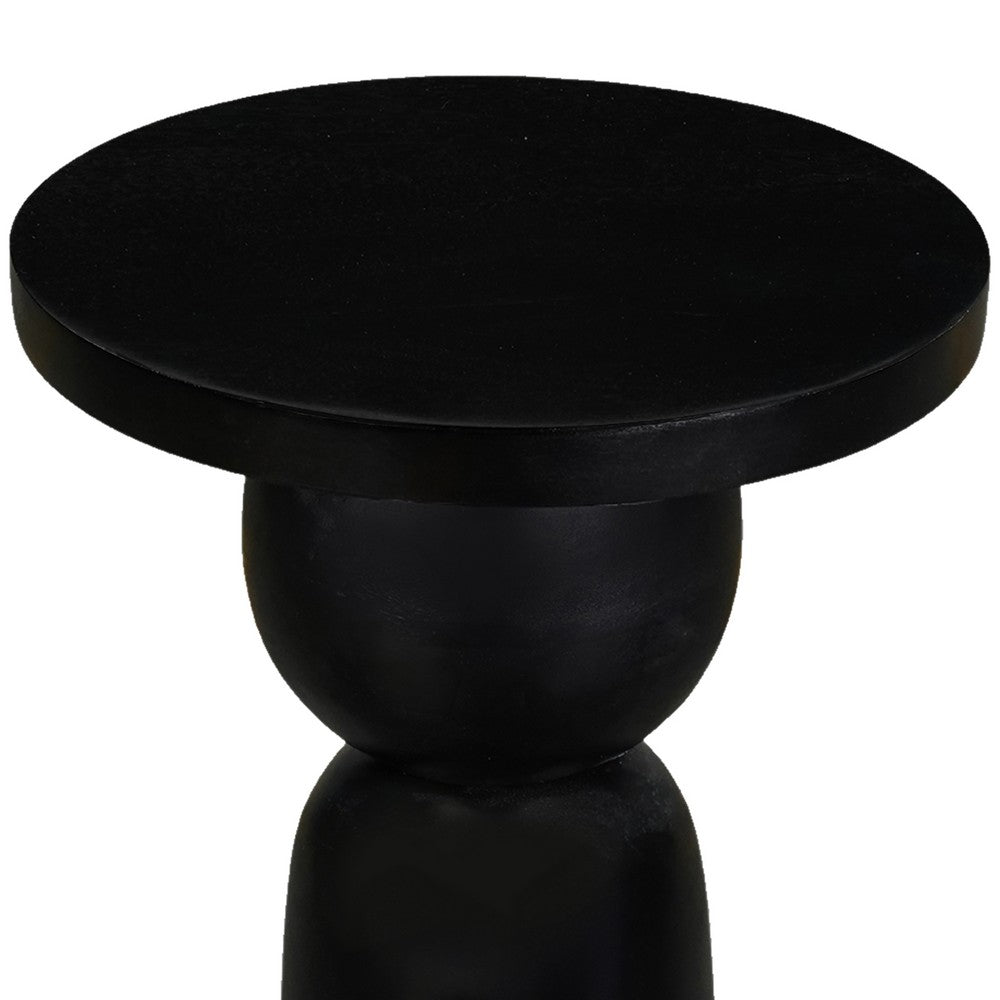 Tia 12 Inch Round Side End Table with Turned Pedestal Base, Mango Wood in Matte Black Finish By The Urban Port - UPT-326719
