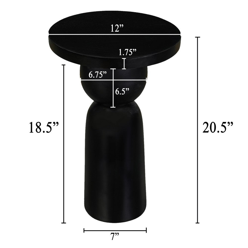 Tia 12 Inch Round Side End Table with Turned Pedestal Base, Mango Wood in Matte Black Finish By The Urban Port - UPT-326719
