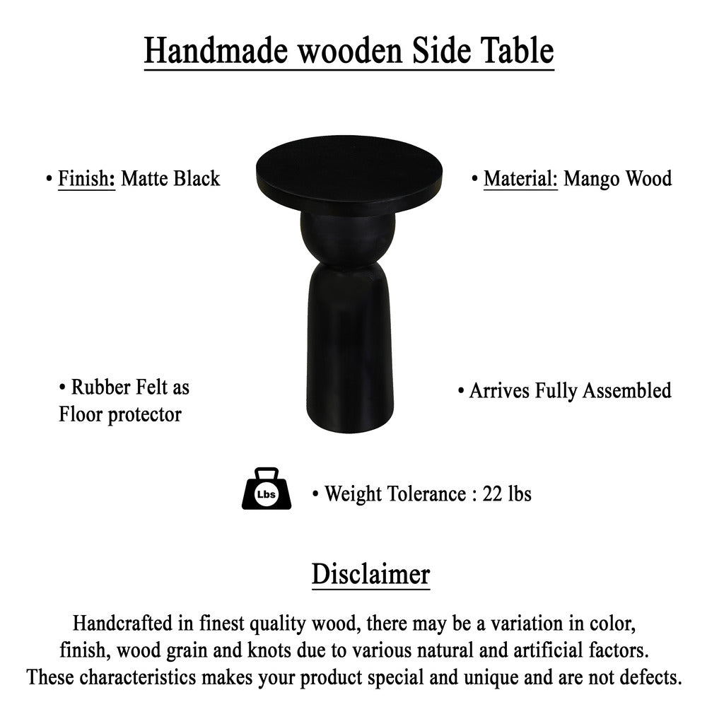 Tia 12 Inch Round Side End Table with Turned Pedestal Base, Mango Wood in Matte Black Finish By The Urban Port - UPT-326719