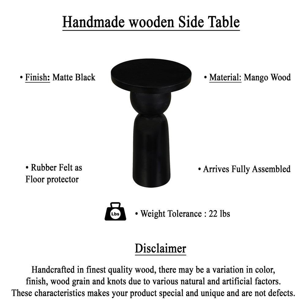 Tia 12 Inch Round Side End Table with Turned Pedestal Base, Mango Wood in Matte Black Finish By The Urban Port - UPT-326719