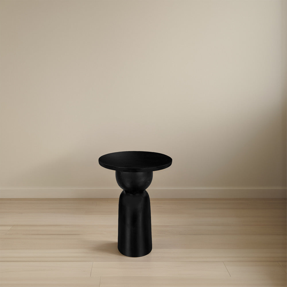 Tia 12 Inch Round Side End Table with Turned Pedestal Base, Mango Wood in Matte Black Finish By The Urban Port - UPT-326719