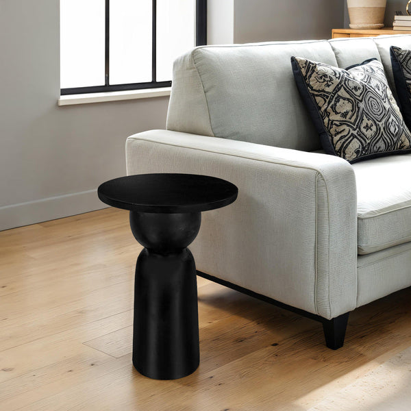 Tia 12 Inch Round Side End Table with Turned Pedestal Base, Mango Wood in Matte Black Finish By The Urban Port - UPT-326719
