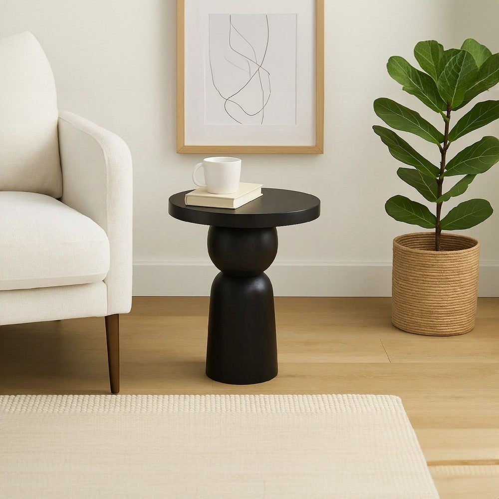 Tia 12 Inch Round Side End Table with Turned Pedestal Base, Mango Wood in Matte Black Finish By The Urban Port - UPT-326719
