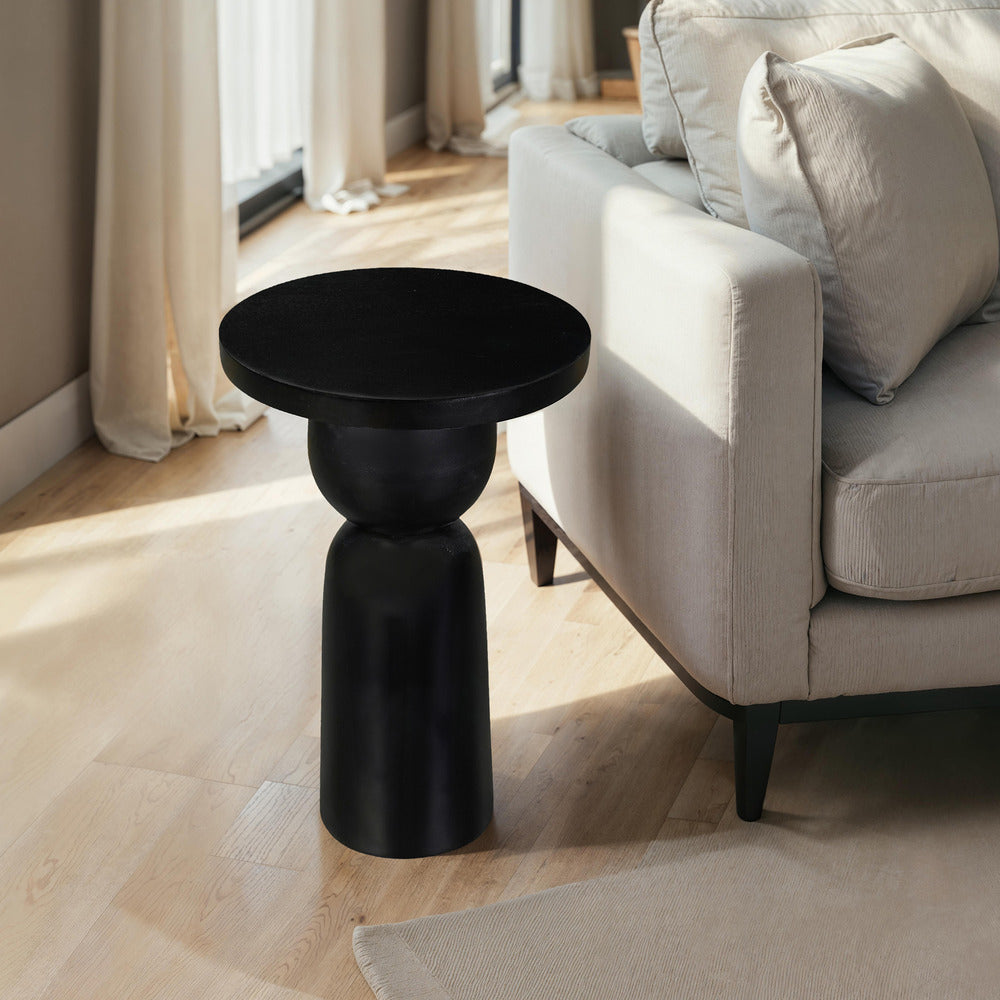 Tia 12 Inch Round Side End Table with Turned Pedestal Base, Mango Wood in Matte Black Finish By The Urban Port - UPT-326719